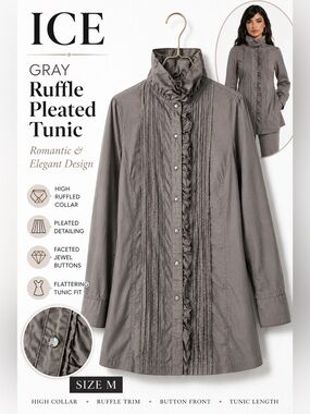 ICE Gray High Neck Ruffle Pleated Tunic Blouse Size M